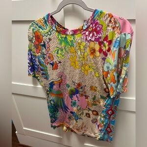 Johnny Was Dreamer Print Multicolor Floral and Bird Pattern Top